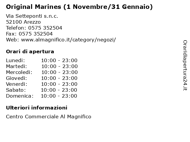 Orari di apertura Original Marines 1 Novembre 31 Gennaio